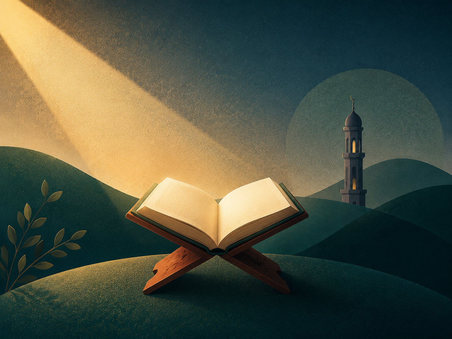 Open Qur’an illuminated by a beam of light