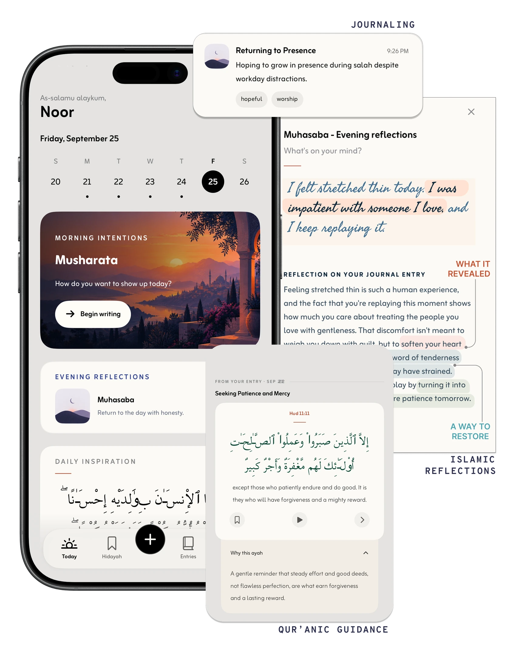 Qalb app showing morning intentions alongside journaling, Islamic reflections, and Qur’anic guidance