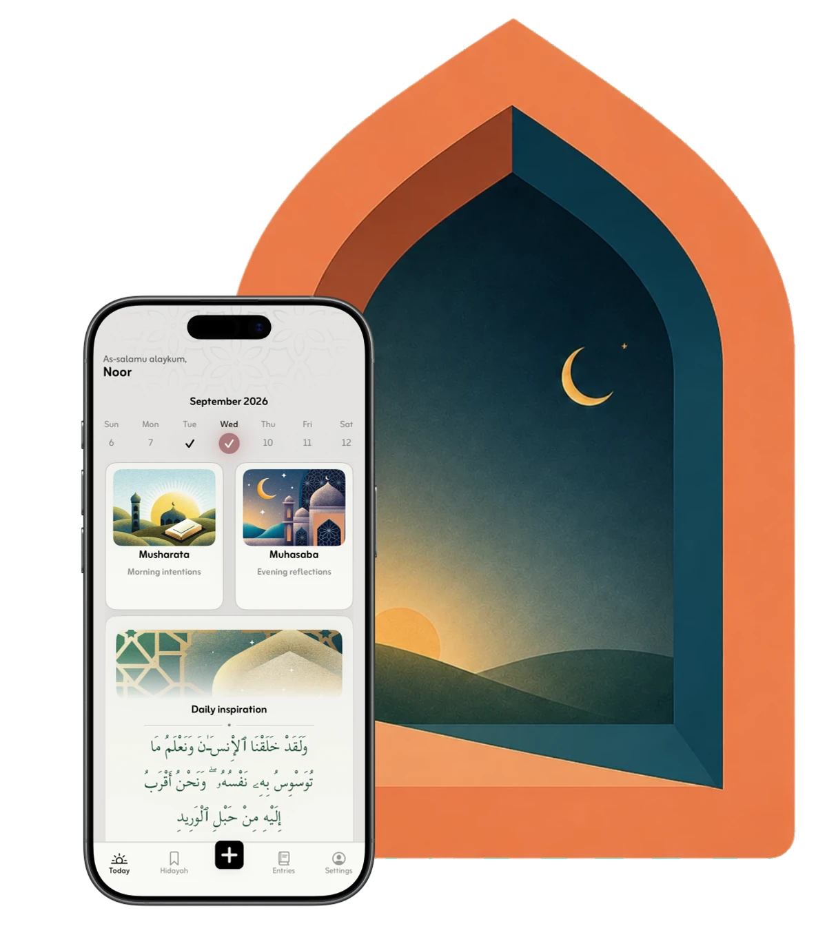 Qalb Islamic journaling app on iPhone, overlapping a coral arch with Mushārata morning intentions and Muhāsaba evening reflection