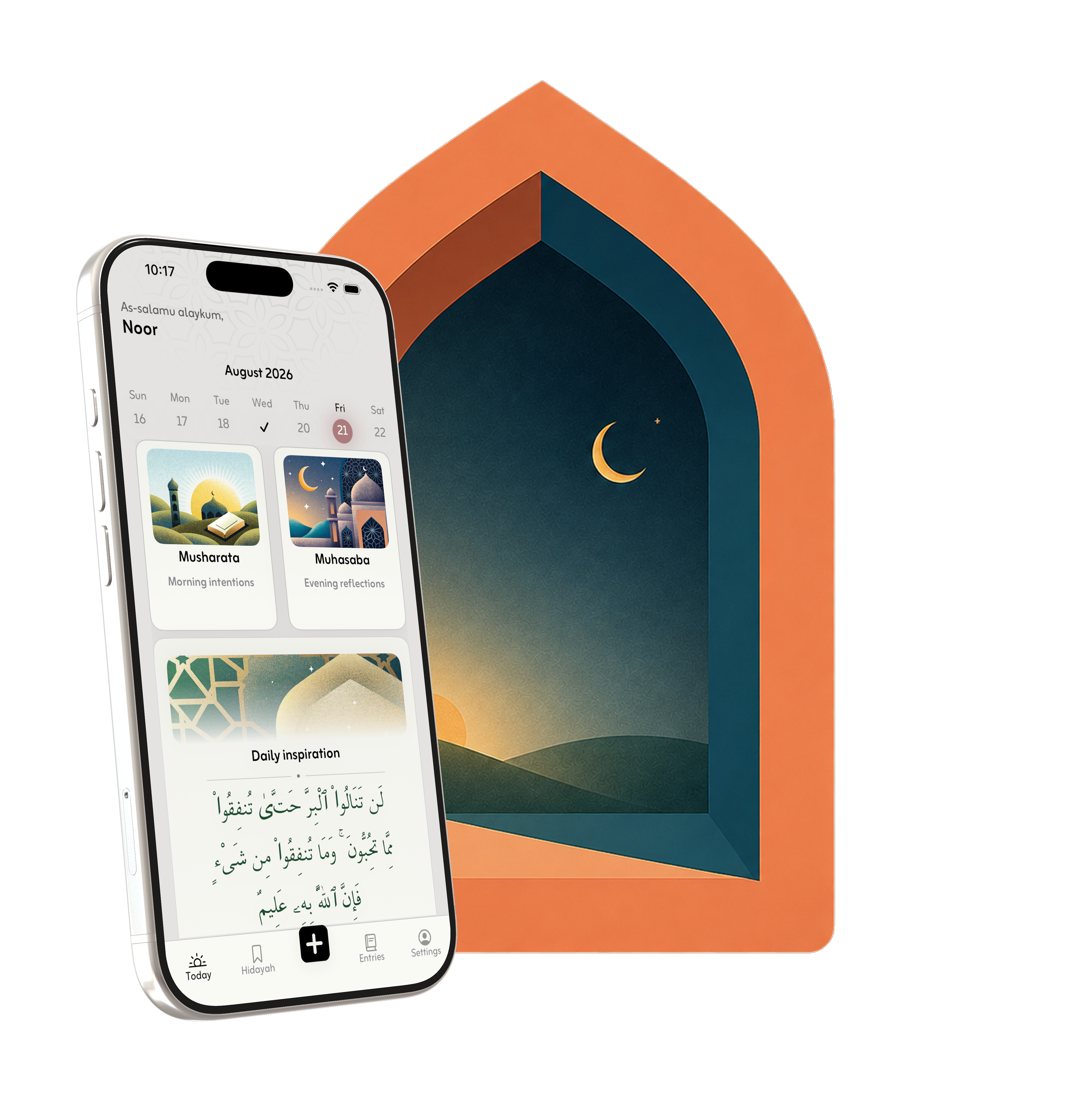 Qalb Islamic journaling app on iPhone, overlapping a coral arch with Musharata morning intentions and Muhasaba evening reflection