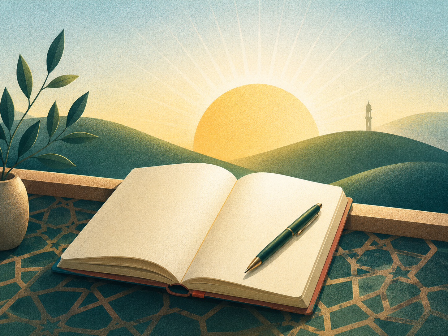 Open journal with pen at sunrise over rolling hills