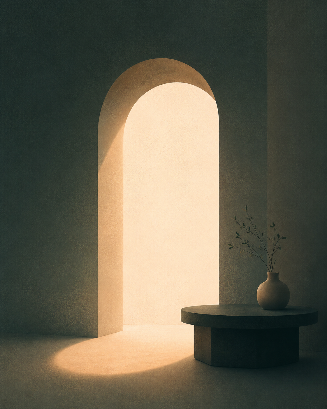 Warm light through a stone arch beside a vase with branches