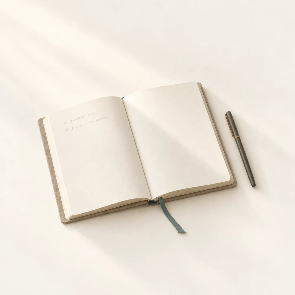 An open cream journal with two faint handwritten lines, a pen, and a teal ribbon in soft sunlight